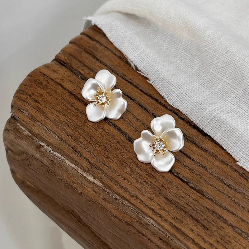 Foxanry الزركون قرط صغير زهري للنساء الفتيات بسيط كلاسيكي فرنسي موضة مزاجه الحلو زفاف العروس مجوهرات هدايا