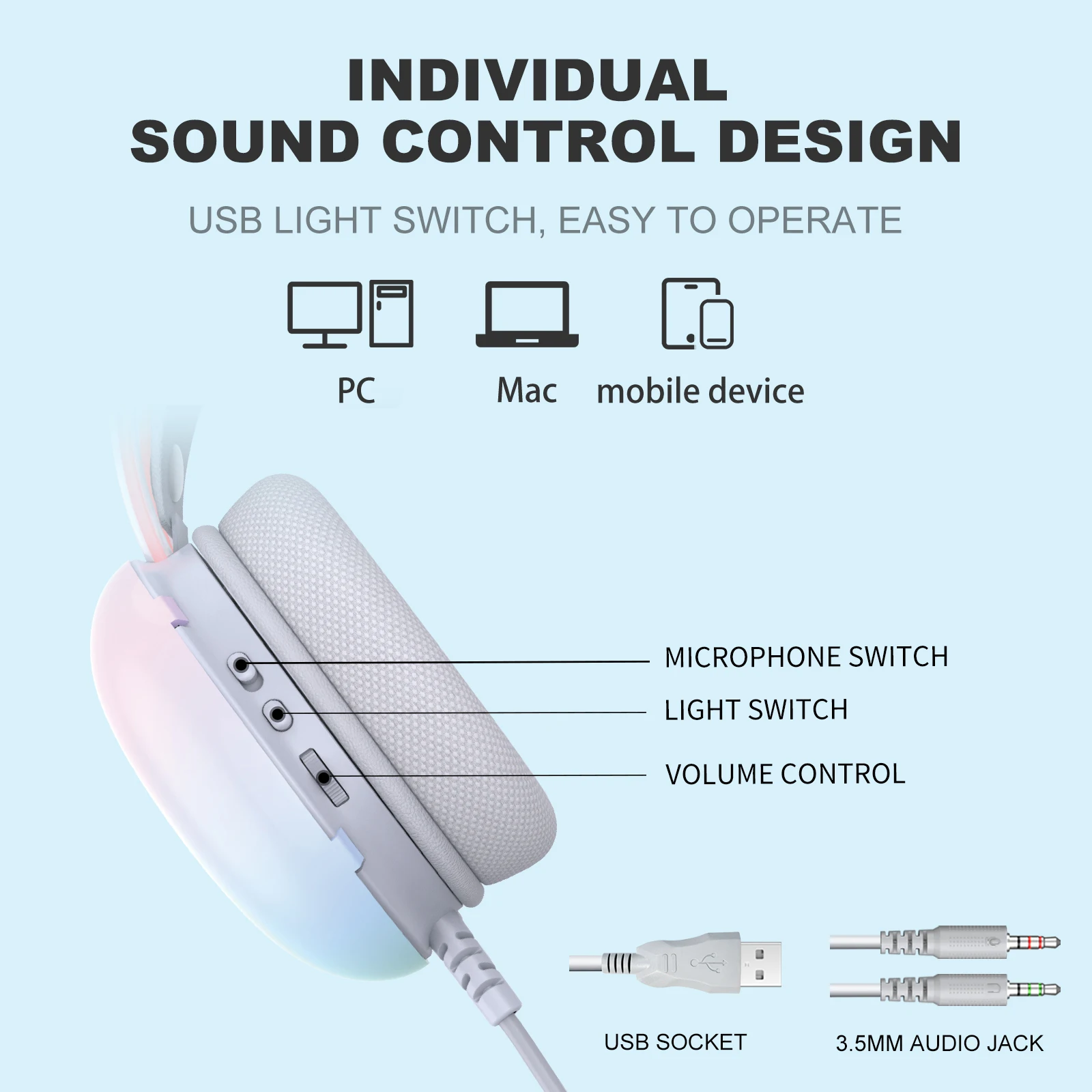 ONIKUMA المهن مع ضوء ديناميكي كامل RGB آذان القط قابلة للفصل مع ميكروفون لاعب PC PS5 #5