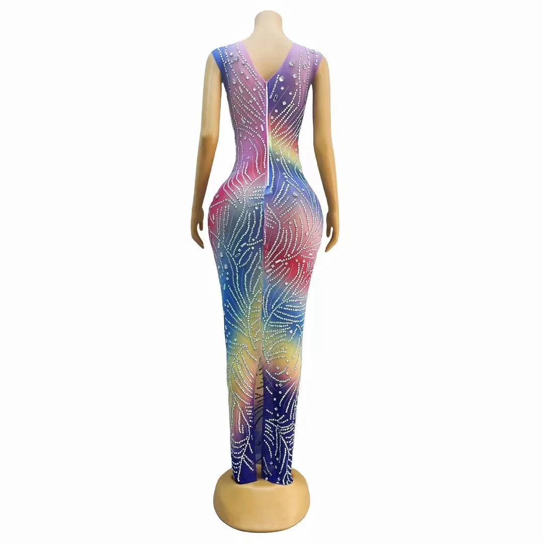Rhinestones Transparent Colorful Sleeveless Dress Birthday Celebrate Dresses Evening Dance Team Performance Costume yinsi