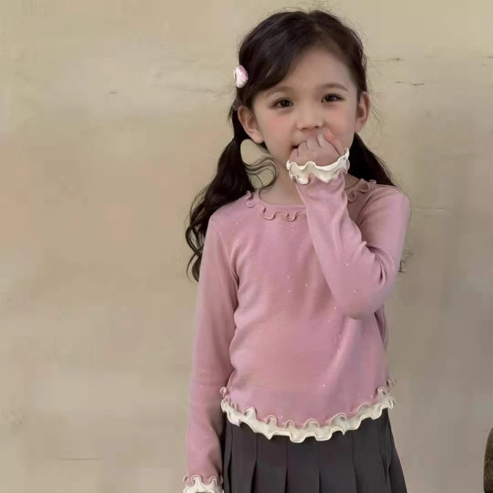 Bear Leader الربيع والخريف جديد الفتيات أسفل القميص النسخة الكورية أزياء من الدانتل الربط وهمية قطعتين طويلة الأكمام تي شيرت