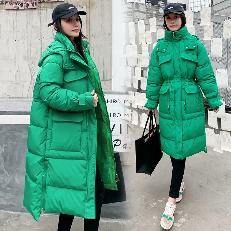 

Women's Winter Jacket Students Solid Hooded Parkas Drawstring Slim Fashion Warm Long Coat Female Snow Wear Cotton Padded Outwear