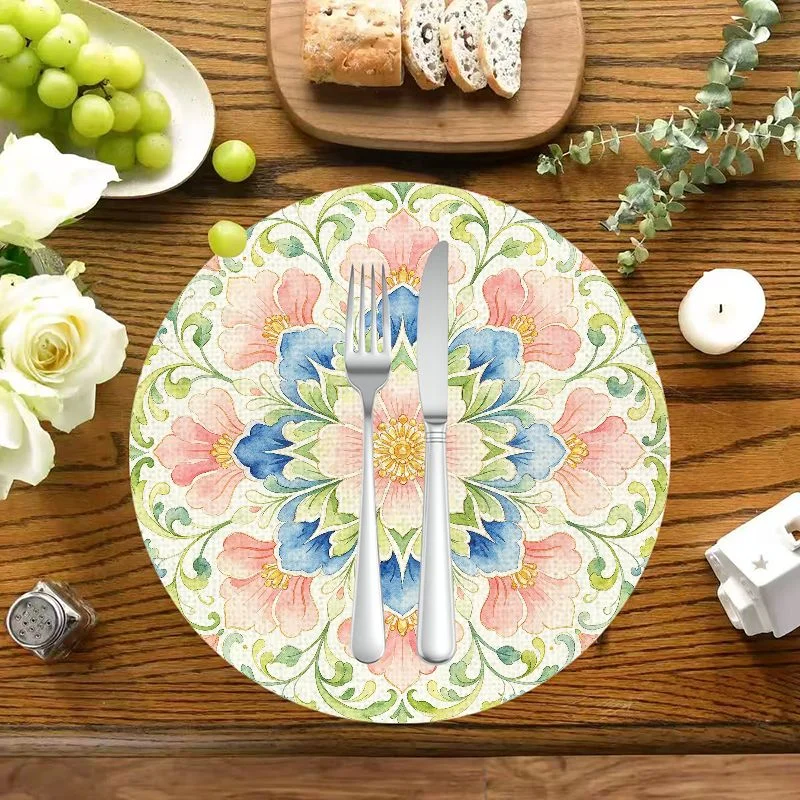VIKAMA Light Khaki Twisted Foliage Round Mat, Heatproof Vintage Farmhouse Dining Decor