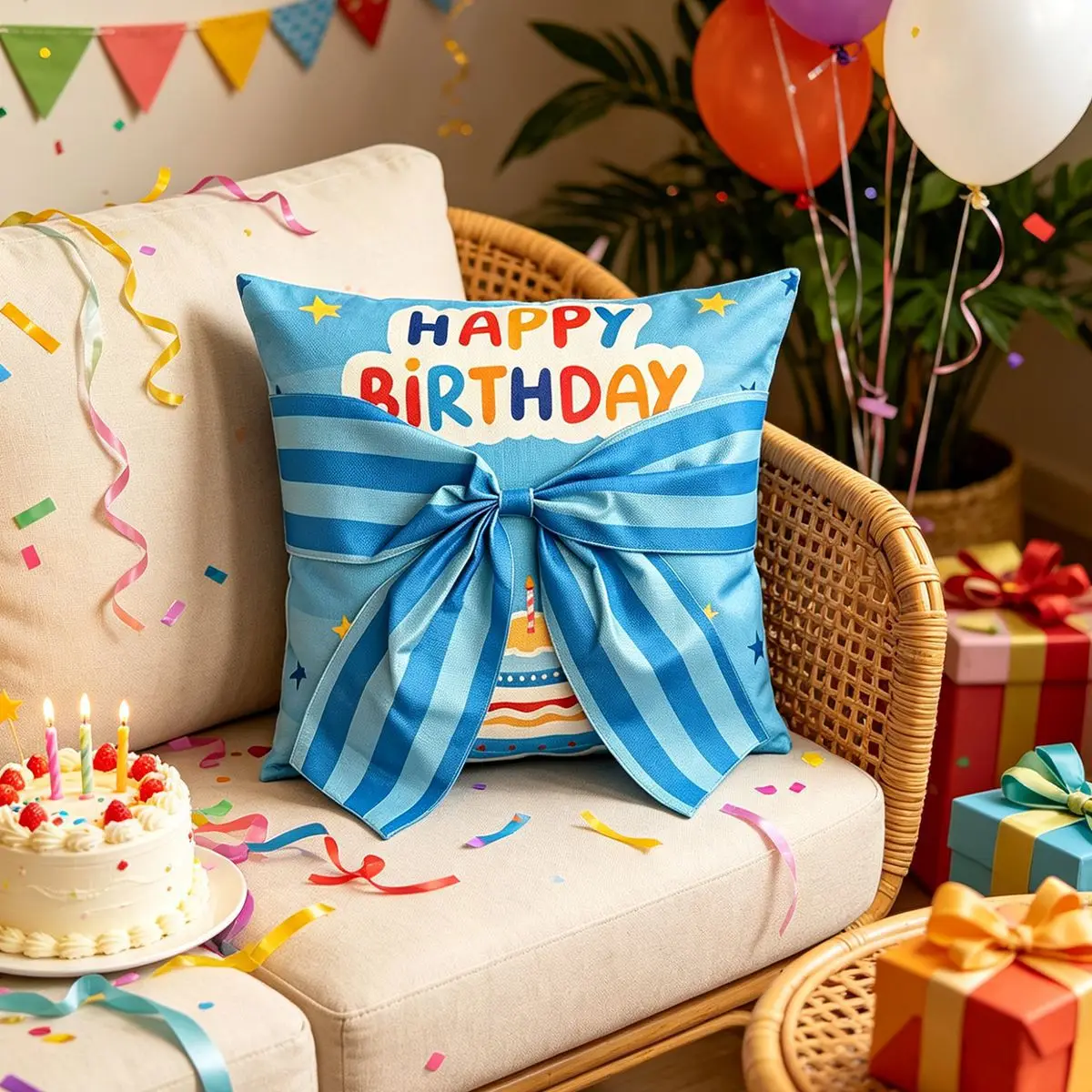 2 Stück Geburtstagsparty-Schleifenkissenbezug Cojines Happy Birthday Buchstaben-Druck Kopfteilkissenbezug Innensofa-Kissenbezüge 45x45 – Detail 7