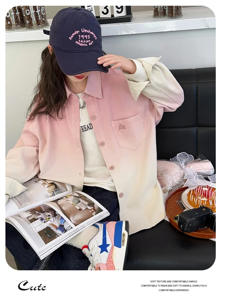 Langarm-Kinderbluse mit Farbverlauf für Mädchen 14 13 12 11 10 9 8 7 6 5 Jahre Kinder Stilvolles Baumwollhemd in Bonbonfarben für Teenager Rosa Grün – Detail 8