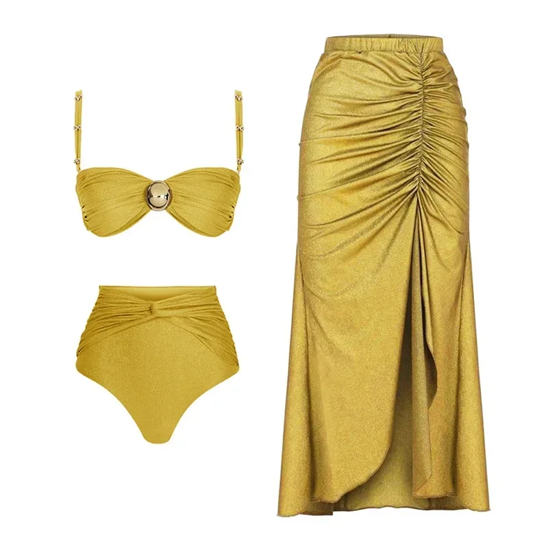 Conjunto de Bikini de cintura alta para mujer, traje de baño de tres piezas con realce y cuello Halter, color amarillo liso, 2024