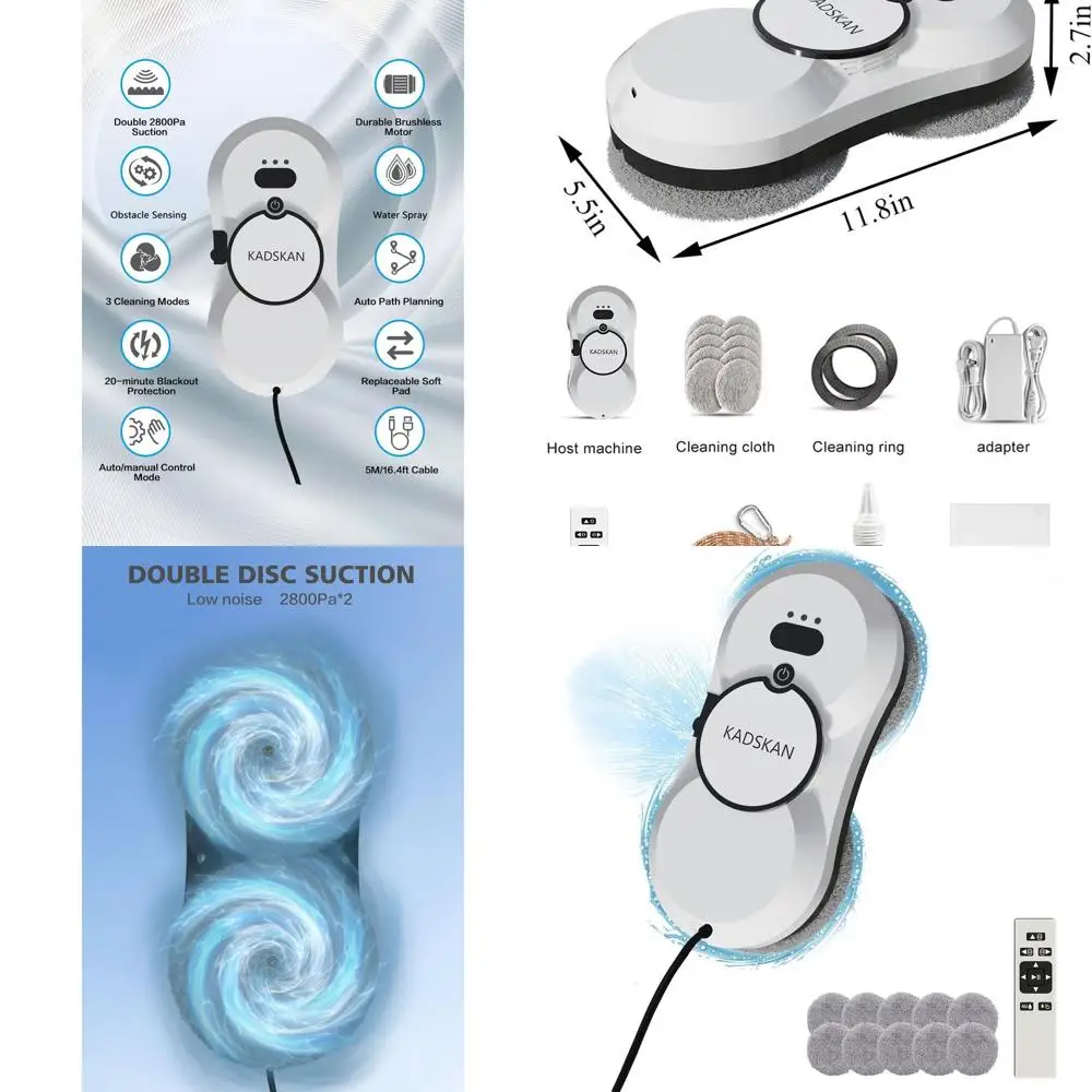

Automatic Suction Window Cleaner with Water Spray for Various Surfaces, 5600Pa Power, Smart Path Planning, Remote Control
