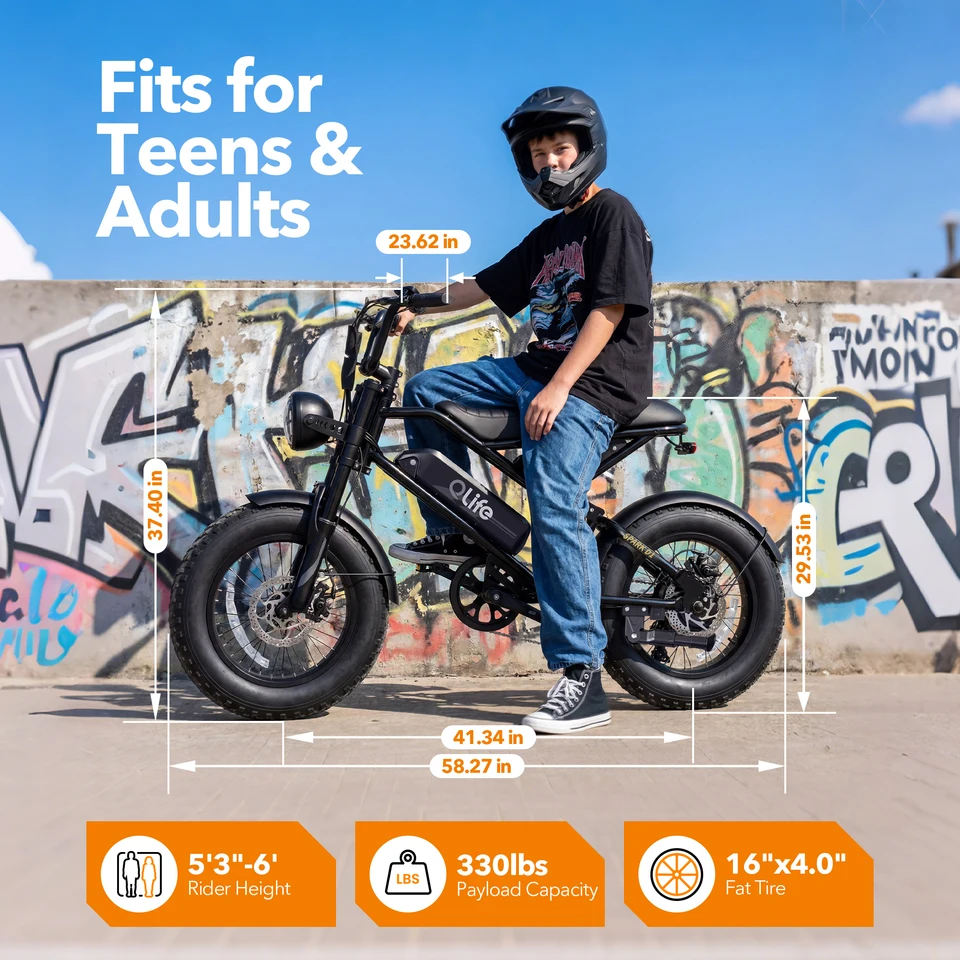 Qlife Spark D1 Electric Bike for Adults, 1500W Peak Motor 48V 10.4 Ah, 16" Fat Tires Electric Mountain Bike, 25 MPH 50Mi Range Off-Road Ebike with Full Suspension image 13