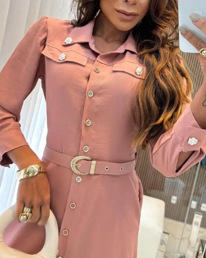 Womens Dresses Pearls Flower Decor Turn-Down Collar Button Down Shirred Back Shirt Dress Casual Flap Detail Work Dress with Belt