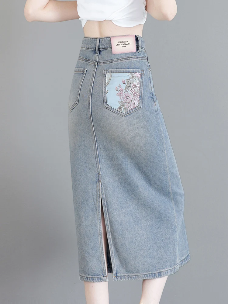 

Summer Thin Denim Skirt Women's High Waist Wrap around mid Length Slit One Step Skirt Korean Style Commute Cotton Blend