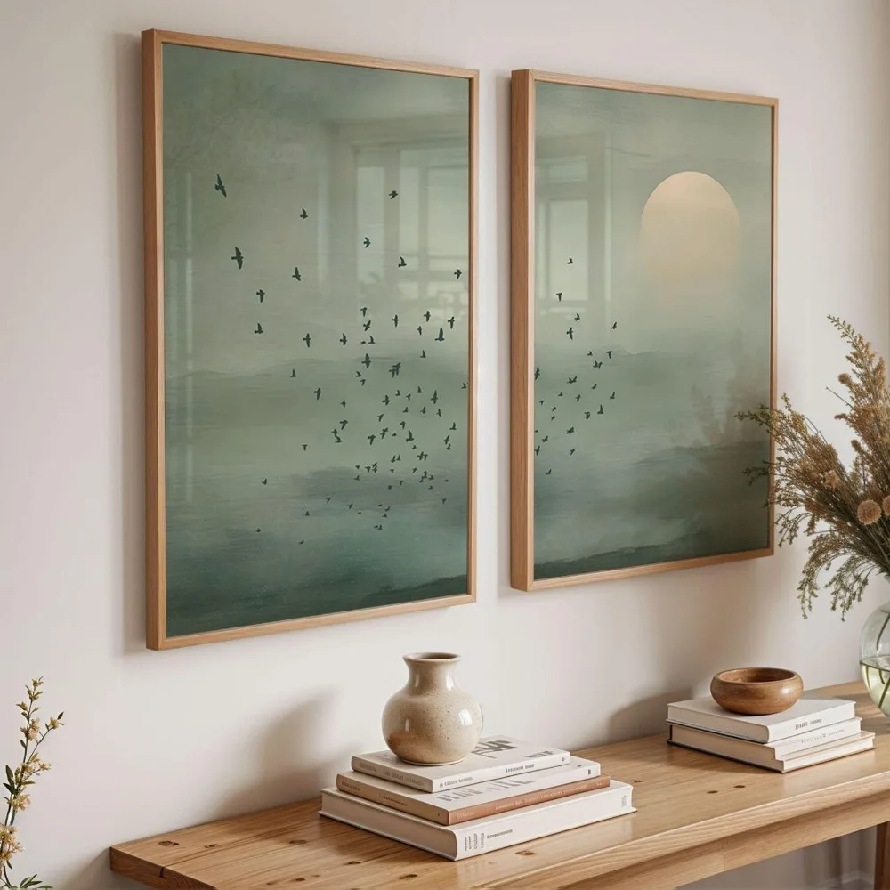 2pcs frameless Canvas Painting Japandi Wall Art Set of 2 Sage Green Landscape Poster Minimal Zen Sunset Print Scandinavian Wabi