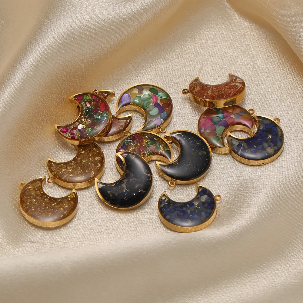 4 Stück Edelstahl-Mondanhänger, transparente Harz-Steinchen-Charms für die Herstellung von DIY-Modeschmuck, Halsketten und Ohrringen für Mädchen – Detail 4