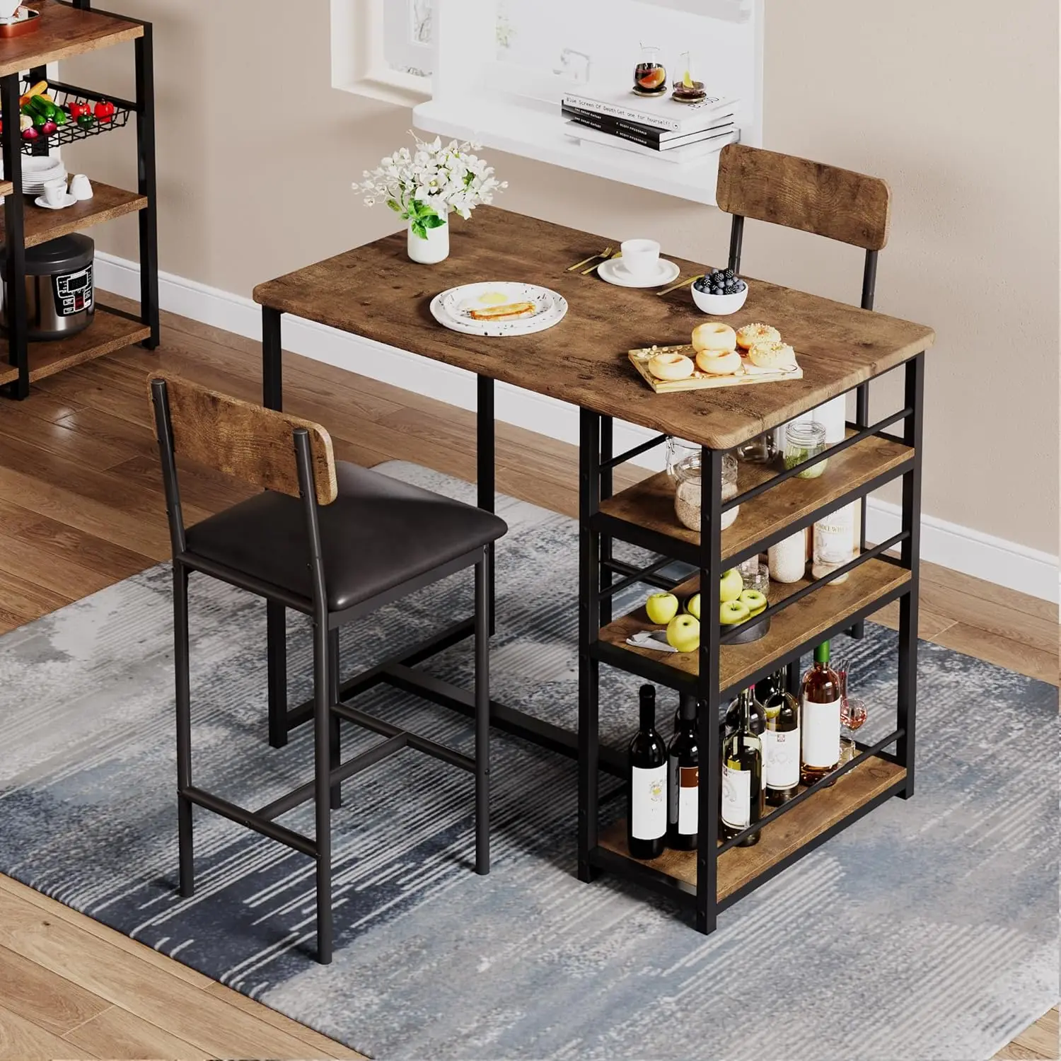 Counter Height Dining Table Set for 2 with Upholstered Stools, Retro Brown, Space-Saving Design for Small Apartments