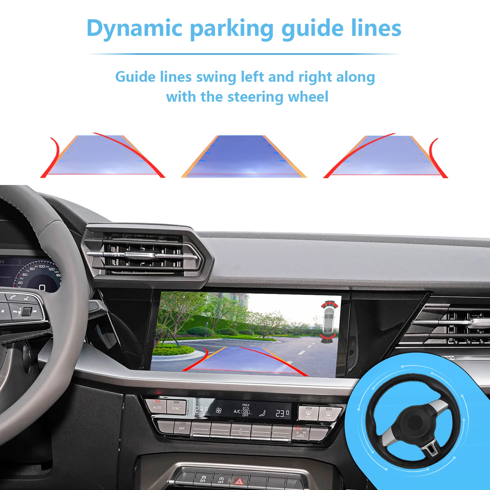 Kamera cofania AHD do Audi A3 A4 S4 A5 Q5 S5 2021-2025, Q3 2019-2025, system MIB3, montaż dodatkowy, widok z tyłu i z przodu, bez potrzebu programowania.