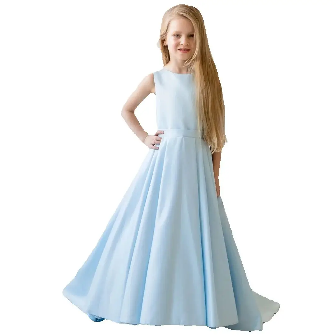 Customized Sky Blue Flower Girl Dress  Satin With Bow Trailing Sleeveless For Wedding Birthday Party Prom Banquet Princess Gown