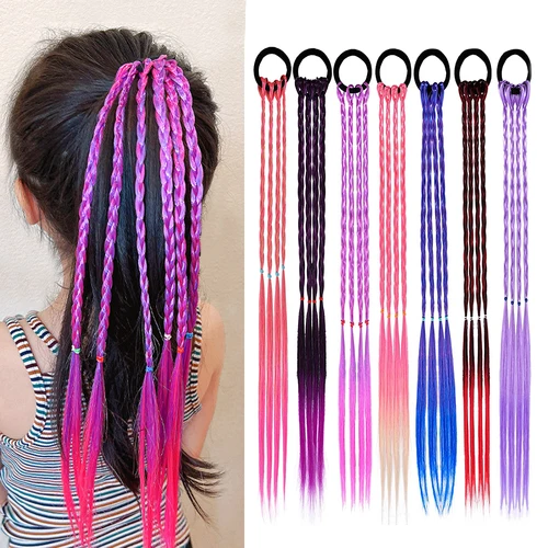 Imagen 1 del producto Cola de Caballo trenzada de arcoíris, lazos para el cabello, banda de goma de Color negro con extensiones de cabello para mujeres y niñas, sombreros de fiesta para Cosplay