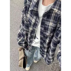 Vintage Plaid Shirt Women Loose Casual Medium Length Preppy Style Shirts Fashion Single Breasted Lapel Pocket Oversize Shirts