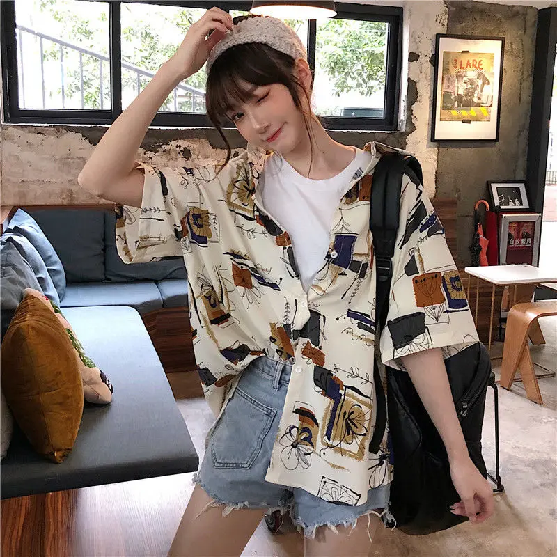 Retro Korean Version Casual Printing Loose Fitting Shirt for Women\'s Summer Simplicity Commuting Thin Short Sleeved Trendy Top