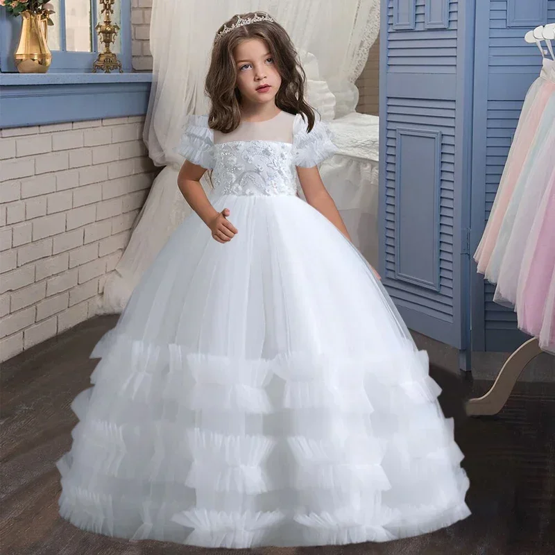 White Flower Girl Dress Classic O-Neck Floor-Length Child Princess Pageant Wedding Birthday Holiday Party First Communion Dress