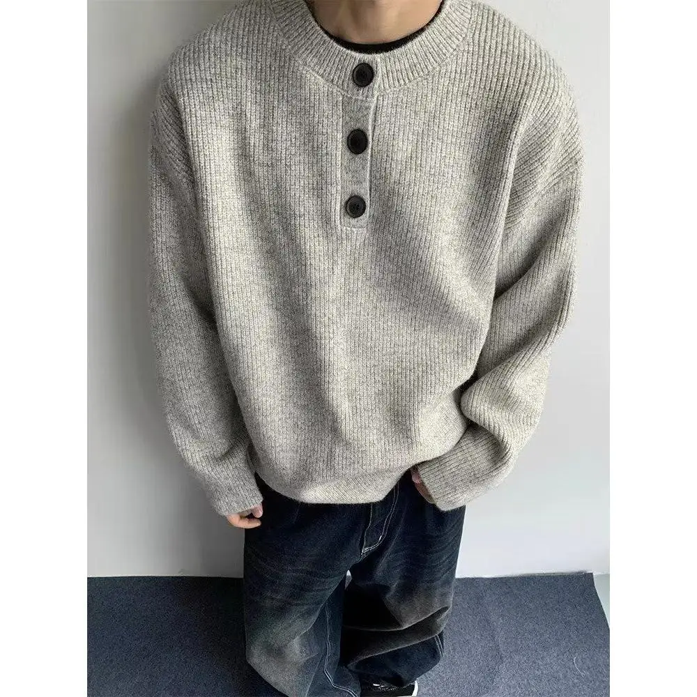 

American Retro Button-Up Henry Collar Knitwear Men's Versatile Lazy Style High-End Feeling Winter Long Sleeve Polyester Fiber