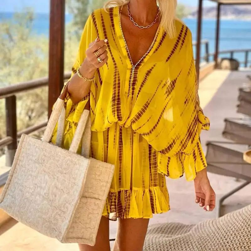 Bathing Suit Dresses Short Cape Beach Swimsuit Ladies Dress For Outerwear Clothing 2025 Women New Collection Bohemian Yellow