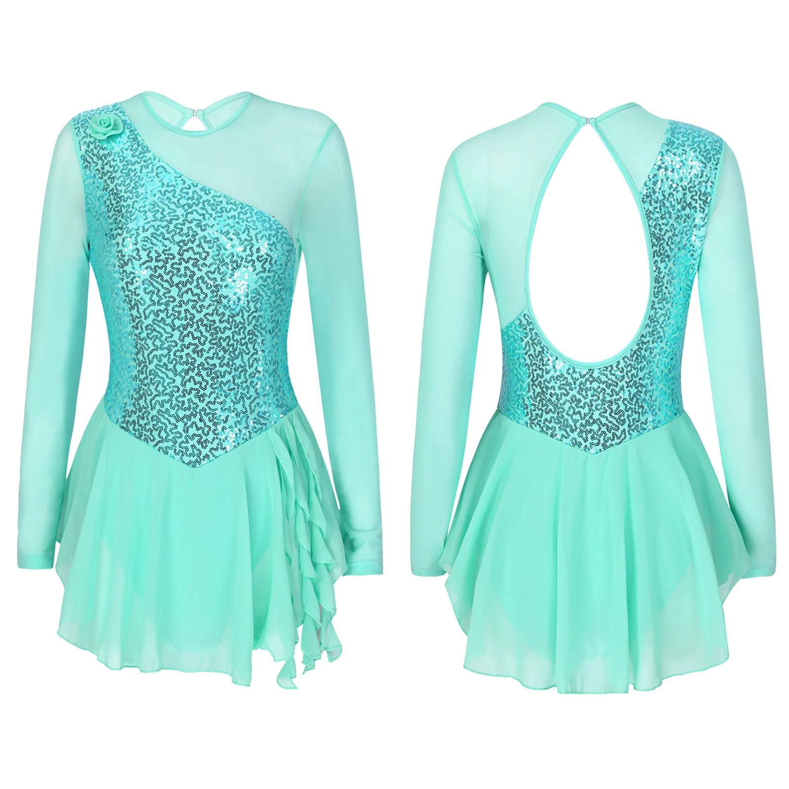 

Women Figure Skating Dress Shiny Sequins Mesh Patchwork Long Sleeve Ballet Dance Gymnastics Leotard Dress Lyrical Dance Costumes