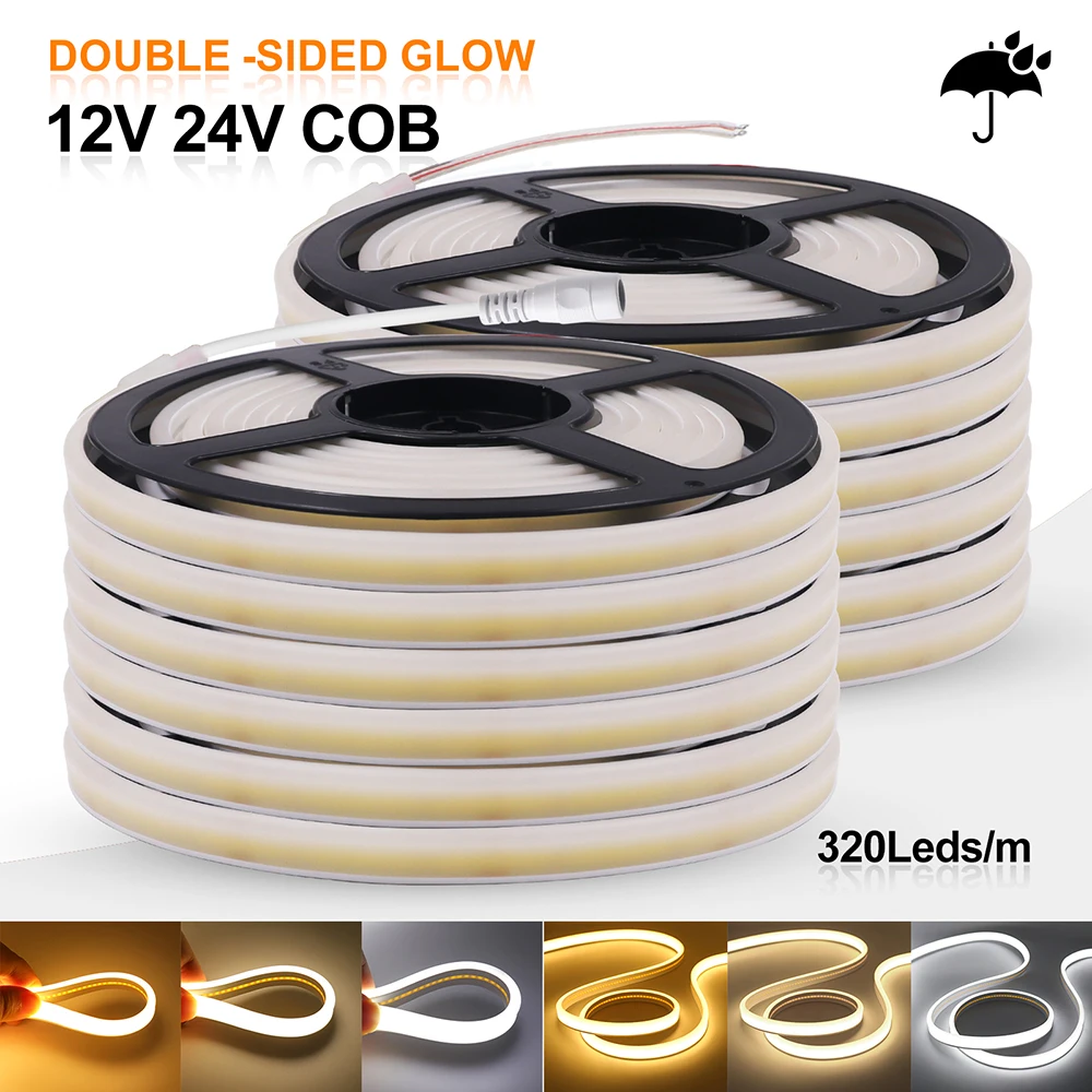 12V 24V COB LED Neon Light Strip Double Sided Bright 3000K 4000K 6000K IP67 Waterproof 320LED/m Flexible Lamp DC Plug Room Decor