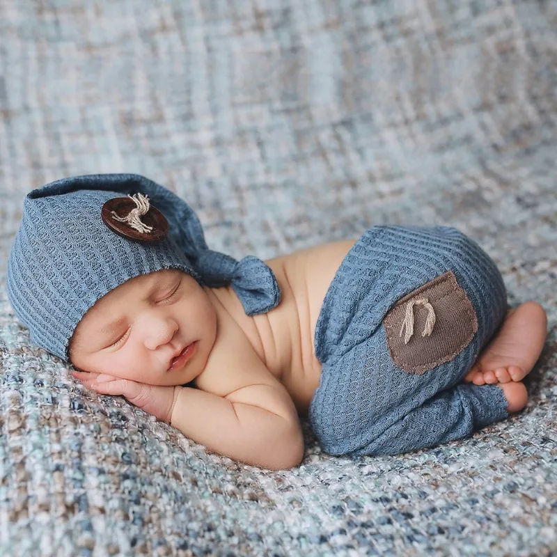 Newborn Photo 2-Piece Set: Knit Pants + Long-Tail Hat with Wooden Buttons—Cute Outfit for Baby Photography Shoots!
