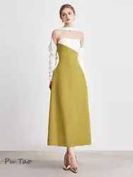 PuTao Elegant Prom Dress Strapless Off Shoulder Contrast Color Women's Party Evening Halter Dress 2024 Spring New