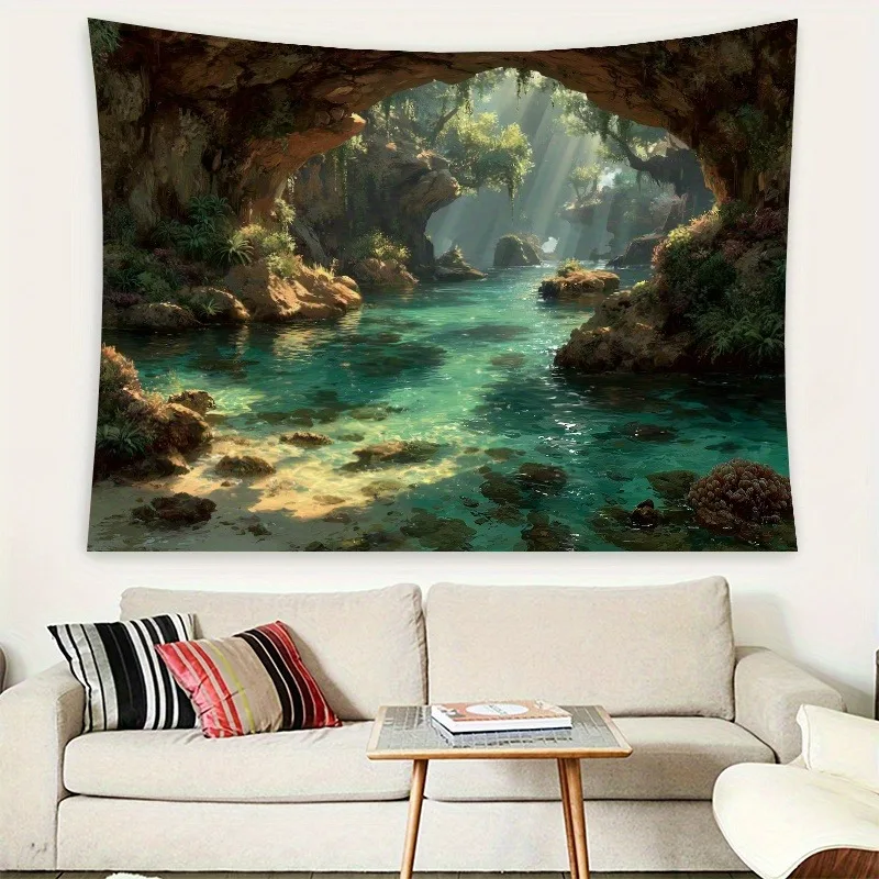Enchanted Cave Lagoon Tapestry: Turquoise Water Jungle Scene Pattern Serene Boho Wall Decor for Living Room Bedroom