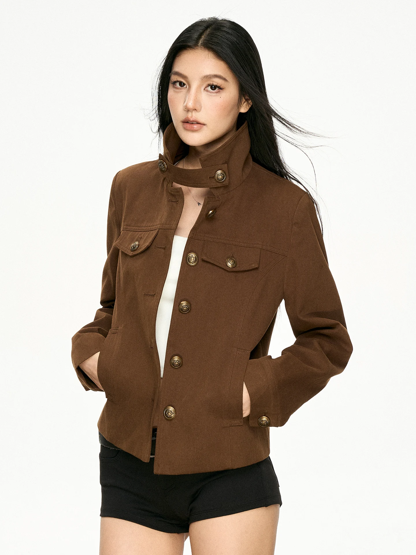 

Aaisup American Retro Workwear Collar Jaet Women's Spring Autumn New Design Casual Metal Bule ort Coat for Ladies