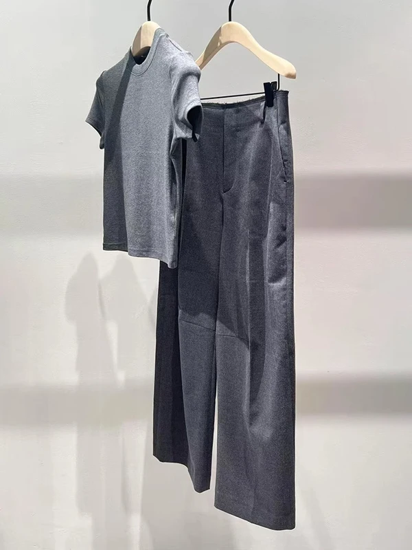 

Elegant Grey Two-Piece Set Women's Fashion Summer Outfit Shoulder-Length T-Shirt High-Waist Pants Commute Style Korean Version