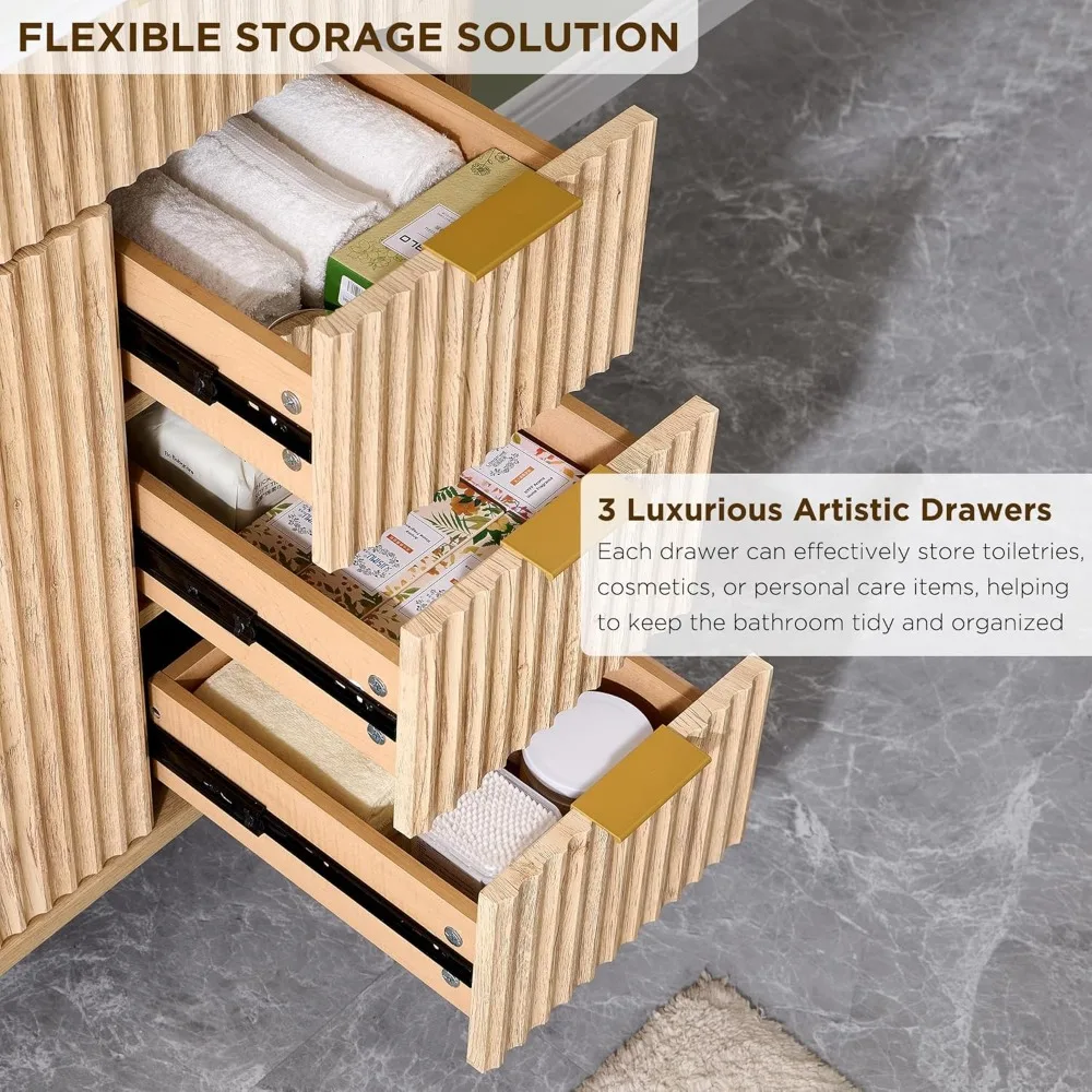 36 inch modern fluted vanity with ceramic sink and soft-close storage cabinet