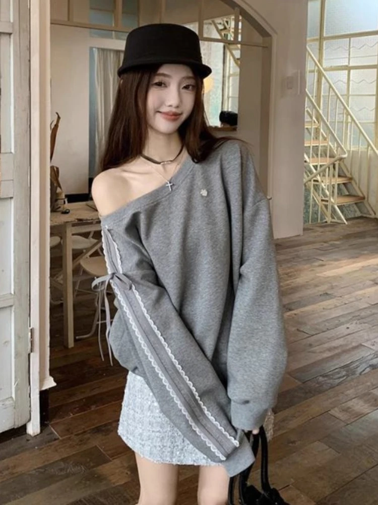 Y2k Esthetische Kant Brief Hoodie Dames Skew Kraag Lace Up Streetwear Hoody Harajuku Vintage Oversized Streep Lange Mouw Tops