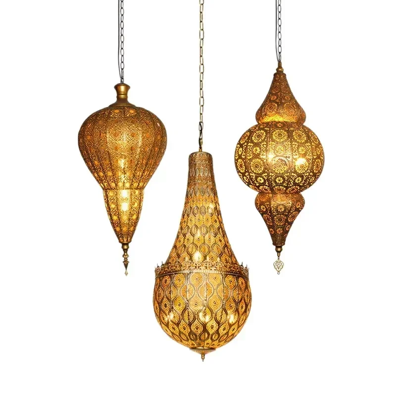 Moroccan Iron Lantern Pendant Light Arabic Hanging Lamp Middle Hollow Carved Chandelier Kitchen