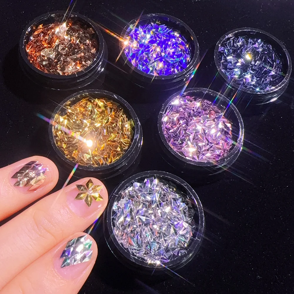 6 Potten 0.7g Sparkly Diamond Nail Pailletten 3D Rhombic Dragon Schaal Glitter Vlokken Nail Art Supply Flash Pailletten Voor nagels Decoratie