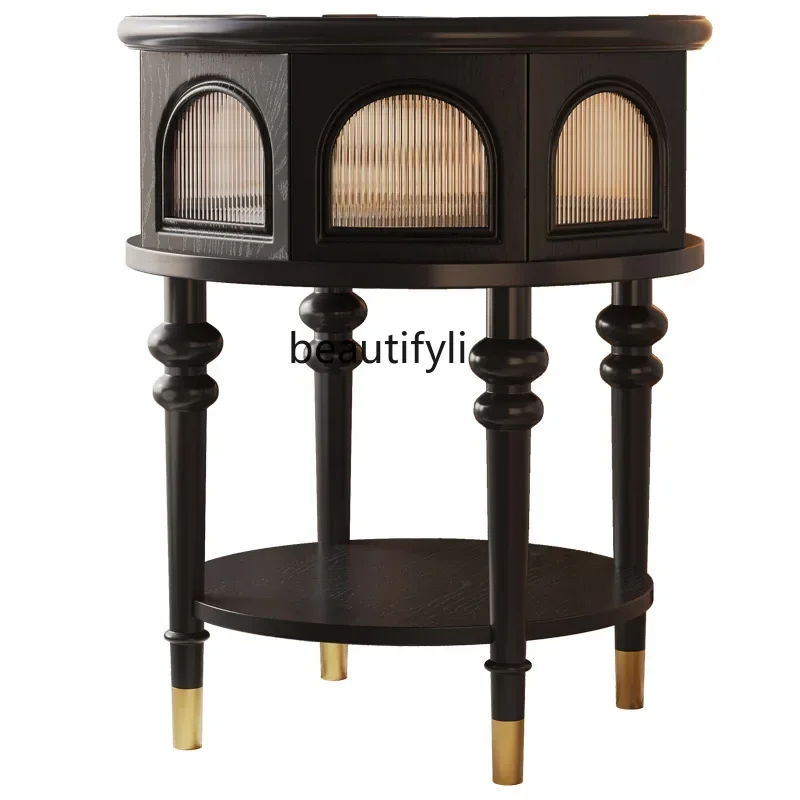 xzFrench retro solid wood tea table hexagonal hollow with storage small tea table black round arch