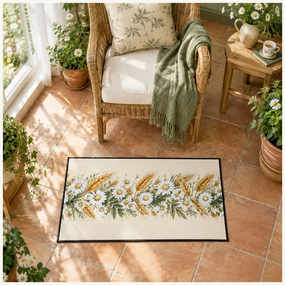 VIKAMA Wheat Daisies Door Mat, Non Slip Foldable Flannel Rug, Meadow Floor Mat for Cloakroom, Hallway, Front Door