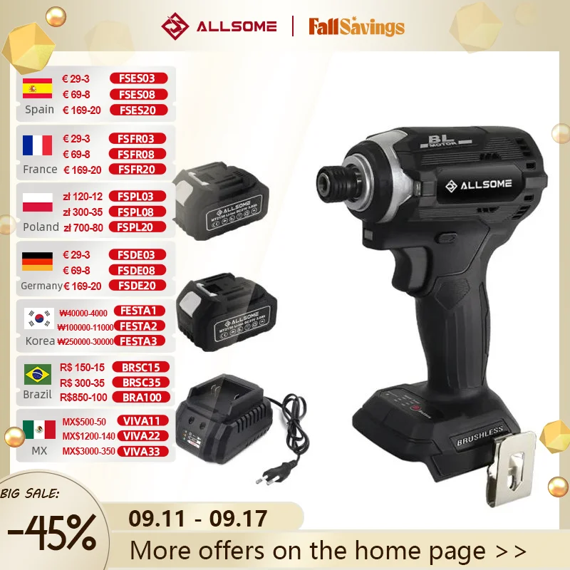 

ALLSOME 20V Brushless Cordless 1/4 in. Hex 3-Speed Impact Driver with Screw Bits for 18V Makita Lithium Battery