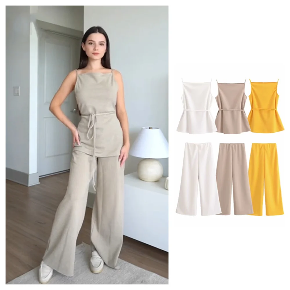 PB&ZA2024 autumn new women\'s clothing style slim fit simple sleeveless camisole top straight leg wide leg pants set