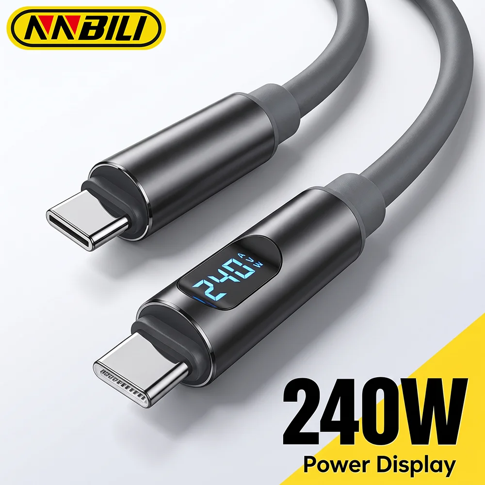 NNBILI 240W Smart Digital Display Silicone Type C To Type C Super Fast Charging Cable for Iphone 17 16 15 Huawei Xiaomi Samsung