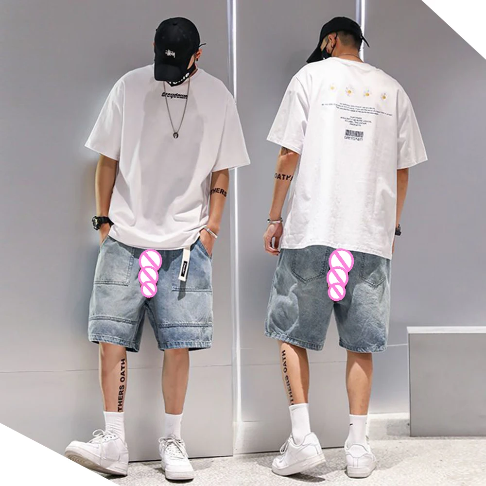 Trend ige Baggy Denim Shorts Herren unsichtbaren offenen Schritt Outdoor Sex Sommer Freizeit Jeans Cargo hose Streetwear 5 Punkte Hose