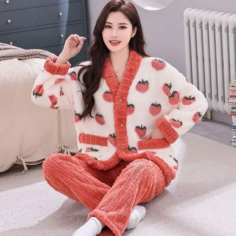 Coral Velvet Pajamas Ladies Fall Winter Warm long sleeve Sleepwear cardigan sweet Flannel loungewear set pijamas feminino