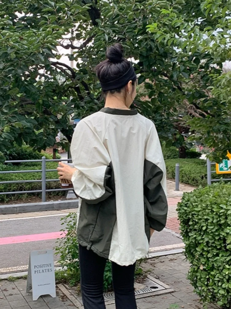 Mole f com capuz, estilo retrô esportivo casual, estampa de letras, blocos de cores, decote em V, soltinho, manga c...