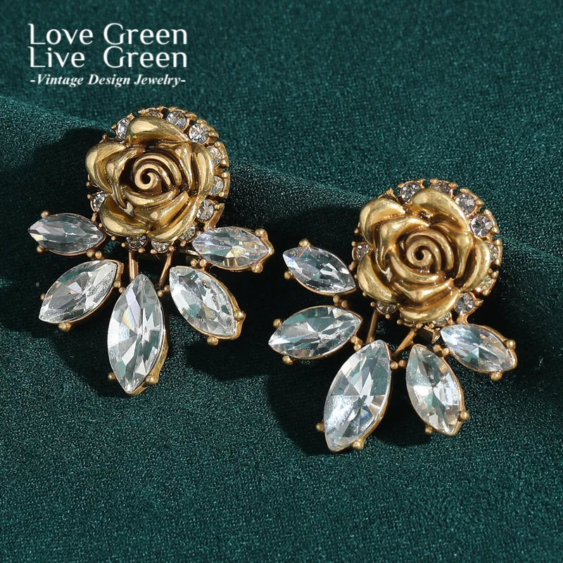 

Vintage Antique Gold Color Rose Flower Earrings Crystal Leaves Woman Elegant Luxury Quality Jewelry Wedding Gift New In 2025