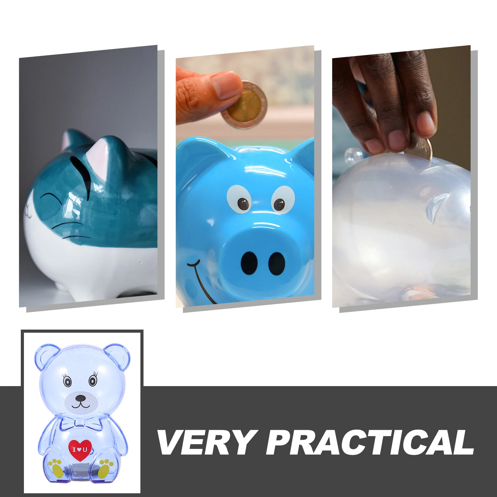 2 pçs transparente urso cofrinho inquebrável moeda caixa de dinheiro desktop pote de poupança crianças compacto banco de poupança para meninas idades 8-12