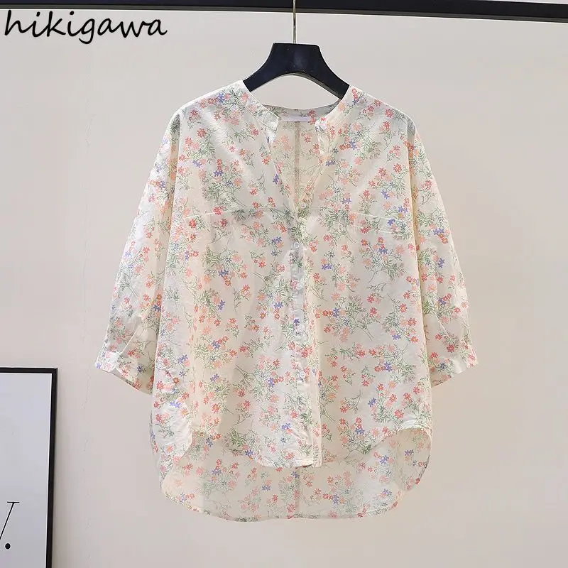 Camisas De Mujer camicie coreane larghe donna camicetta a maniche corte in cotone floreale dolce top oversize camicette estive Vintage Chic