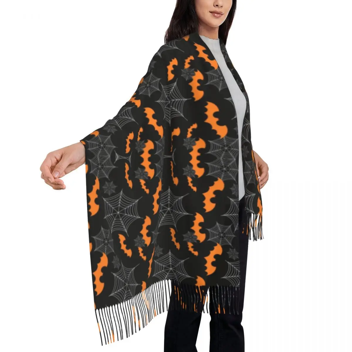 Halloween Bats Spider Pattern Scarf Wrap Women Long Winter Warm Tassel Shawl Unisex Goth Occult Witch Magic Scarves