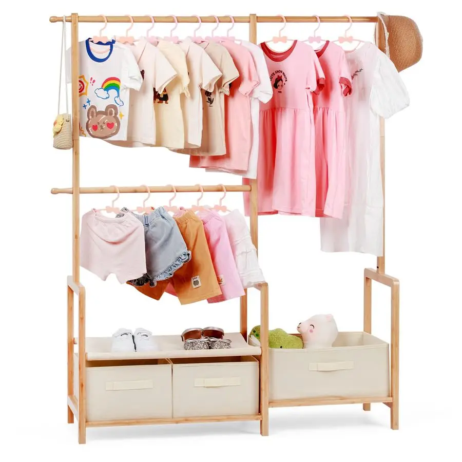 

Kids Clothing Rack with Triple Hanging Poles, Child Dress Up Rack, Small Organizer GarmentRack with 3 Storage Bins, for Costumes
