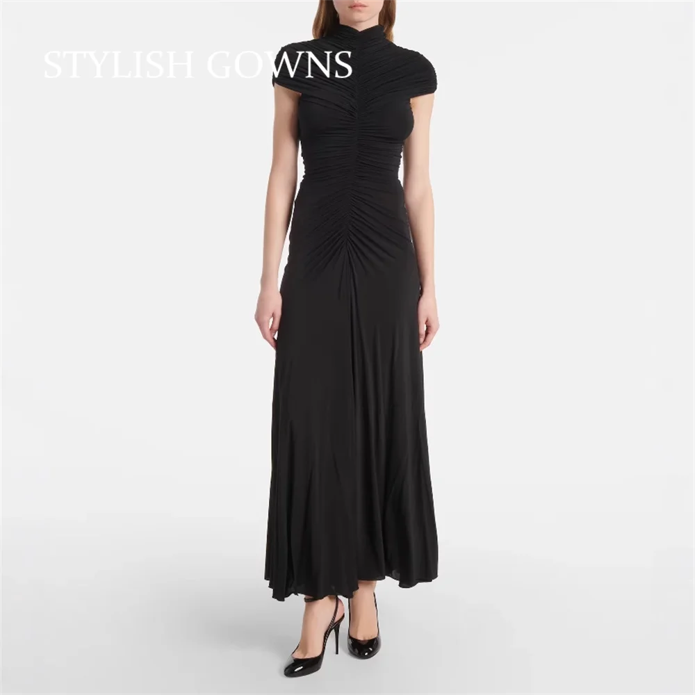 

Black Formal Prom Dresses Party Dress Pleated High Collar Mermaid Evening Gowns For Women Cap Sleeve Ankle Length Customized