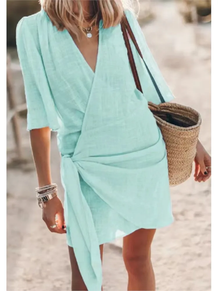 Casual V Neck Solid Color Short Sleeved Cross Lace Up Dress For Women Spring And Summer Simple Elegant Mid Length Dresses Female